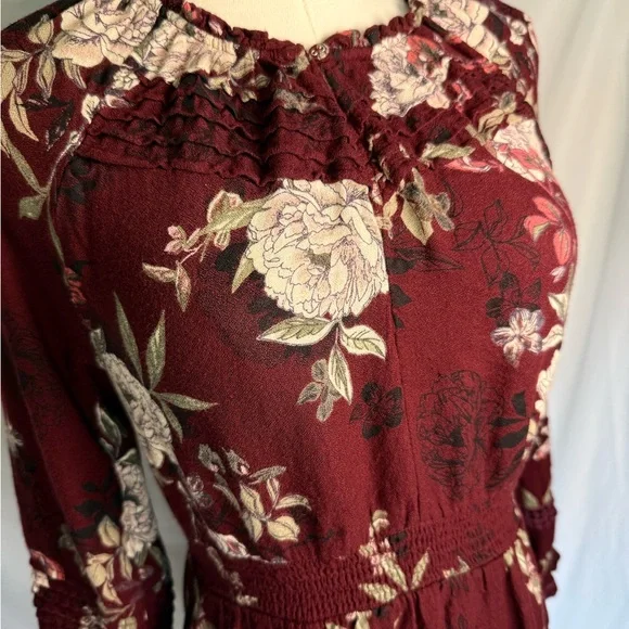 American Rag Burgundy Floral Long Sleeve Smocked Waist Mini Dress Peasant Boho - Picture 2 of 11